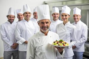 ai généré content souriant du chef équipe dans le sien cuisine photo