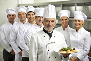 ai généré content souriant du chef équipe dans le sien cuisine photo