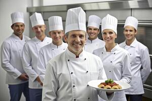 ai généré content souriant du chef équipe dans le sien cuisine photo