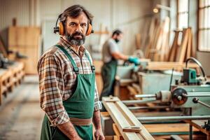 ai généré Charpentier travail sur travail du bois Machines dans charpenterie magasin. homme travaux dans une charpenterie magasin. photo