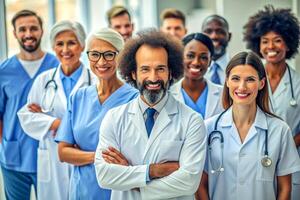 ai généré content multiracial médical professionnels permanent dans hôpital photo