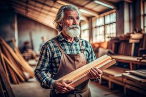 ai généré Sénior Masculin Charpentier en portant bois photo