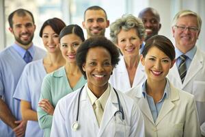 ai généré content multiracial médical professionnels permanent dans hôpital photo