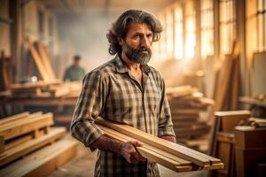 ai généré Sénior Masculin Charpentier en portant bois photo