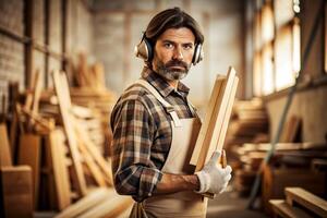 ai généré Sénior Masculin Charpentier en portant bois photo