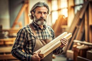 ai généré Sénior Masculin Charpentier en portant bois photo