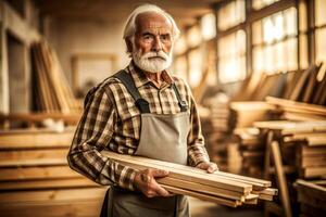 ai généré Sénior Masculin Charpentier en portant bois photo