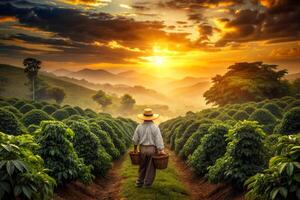 ai généré Masculin agriculteur vaches le coucher du soleil photo