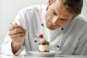 ai généré homme chef décorer délicieux dessert. photo