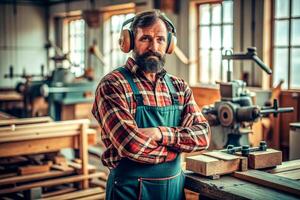 ai généré Masculin Charpentier travail en bois machine atelier photo