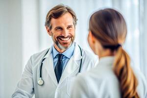 ai généré souriant médecin à le clinique donnant et poignée de main à le sien patient, soins de santé photo