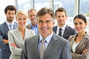 ai généré moderne Bureau équipe de affaires gens sourire et parler photo