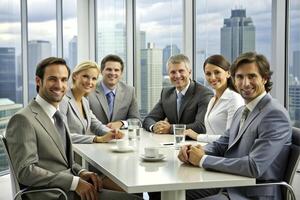 ai généré moderne Bureau équipe de affaires gens sourire et parler photo