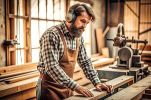 ai généré Charpentier travail sur travail du bois Machines dans charpenterie magasin. homme travaux dans une charpenterie magasin. photo