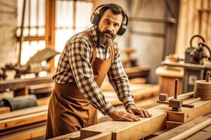 ai généré Charpentier travail sur travail du bois Machines dans charpenterie magasin. homme travaux dans une charpenterie magasin. photo