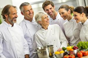 ai généré équipe de chef dans le cuisine sourire photo