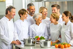 ai généré équipe de chef dans le cuisine sourire photo