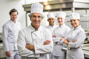 ai généré équipe de chef dans le cuisine sourire photo