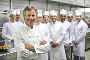 ai généré équipe de chef dans le cuisine sourire photo