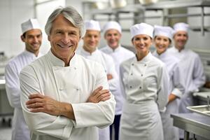 ai généré équipe de chef dans le cuisine sourire photo