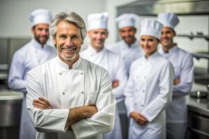 ai généré équipe de chef dans le cuisine sourire photo