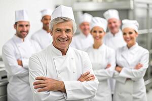 ai généré équipe de chef dans le cuisine sourire photo