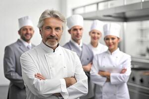 ai généré équipe de chef dans le cuisine sourire photo