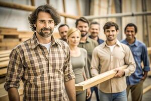 ai généré Masculin Charpentier en portant bois équipe photo