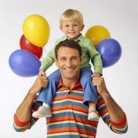 ai généré père porter le sien souriant fils sur cou photo