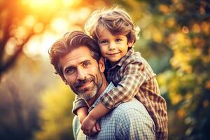 ai généré père porter le sien souriant fils sur cou photo