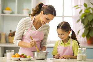 ai généré mère et fille cuisine à cuisine photo