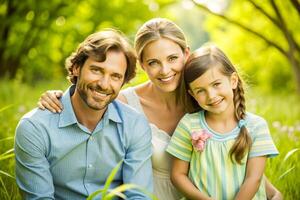 ai généré content Jeune famille dépenses temps ensemble à l'extérieur dans vert la nature. photo