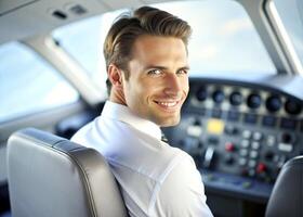 ai généré sur de soi Masculin pilote souriant tandis que séance dans cockpit photo