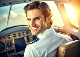 ai généré sur de soi Masculin pilote souriant tandis que séance dans cockpit photo