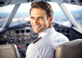 ai généré sur de soi Masculin pilote souriant tandis que séance dans cockpit photo