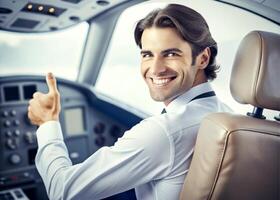 ai généré sur de soi Masculin pilote souriant tandis que séance dans cockpit photo