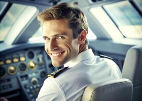 ai généré sur de soi Masculin pilote souriant tandis que séance dans cockpit photo