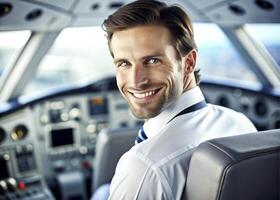 ai généré sur de soi Masculin pilote souriant tandis que séance dans cockpit photo