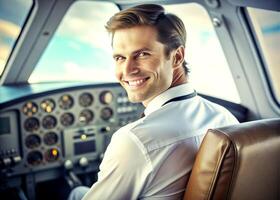 ai généré sur de soi Masculin pilote souriant tandis que séance dans cockpit photo