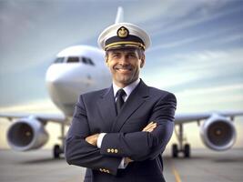 ai généré sur de soi Masculin pilote dans uniforme en gardant bras franchi et souriant avec avion dans le Contexte photo