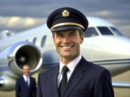 ai généré sur de soi Masculin pilote dans uniforme en gardant bras franchi et souriant avec avion dans le Contexte photo