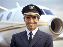 ai généré sur de soi Masculin pilote dans uniforme en gardant bras franchi et souriant avec avion dans le Contexte photo