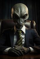 ai généré verticale portrait de un humanoïde extraterrestre dans une affaires costume dans Bureau photo