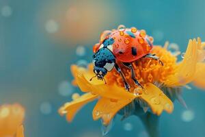 ai généré macro coccinelle dans l'eau gouttes est assis sur une Jaune fleur avec flou bokeh Contexte photo