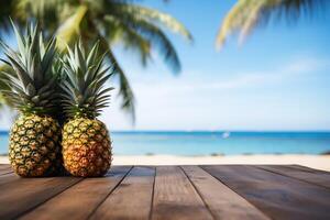 ai généré en bois table Haut avec deux savoureux Ananas sur tropical plage mer ou océan été Contexte photo