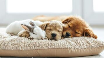 ai généré chien et lapin en train de dormir sur oreiller photo