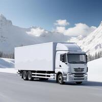 ai généré blanc un camion fauchage sur pittoresque paysage hiver route. livraison concept. génératif ai. photo