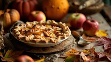 ai généré caramel bruine Pomme tarte contre une tomber récolte scène photo