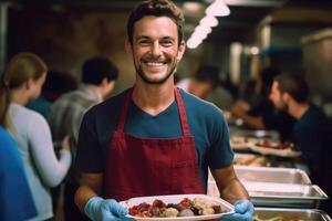 ai généré souriant Jeune chef présente délicieux assiette dans à manger pièce photo