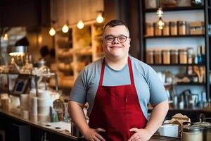 ai généré de bonne humeur Jeune homme avec vers le bas syndrome dans tablier de une café magasin photo